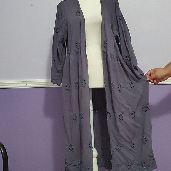 Blue Gray Boho Romantic Eyelet Fitted Waist Longline Duster Cardigan - Picture 5 of 11
